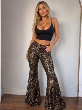 AKIRA Gold Multi Metallic Tiger Print Flare Pants Bell Bottoms Size S NWT